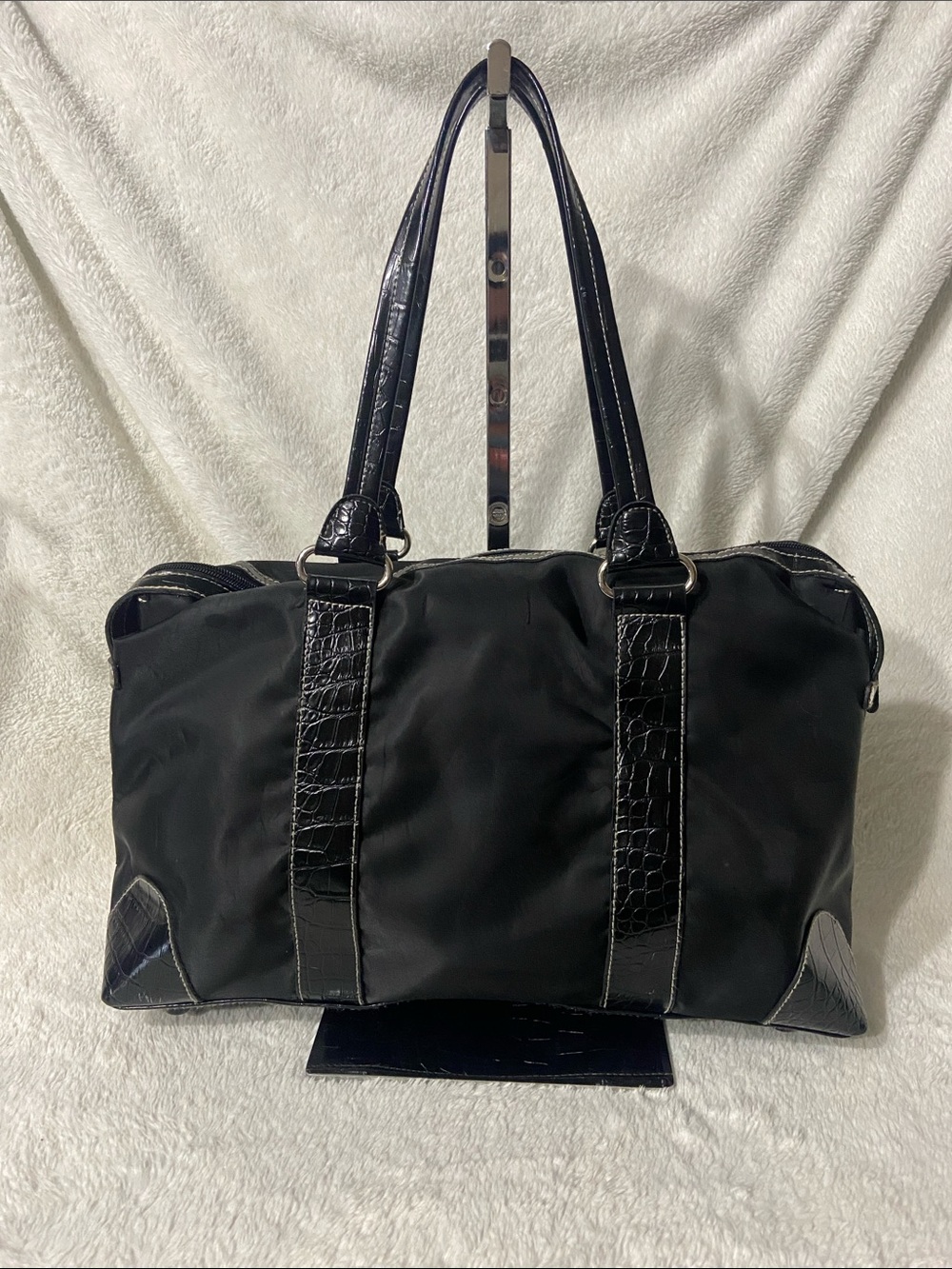 Black Nylon Tote Bag with Croc-Textured Trim